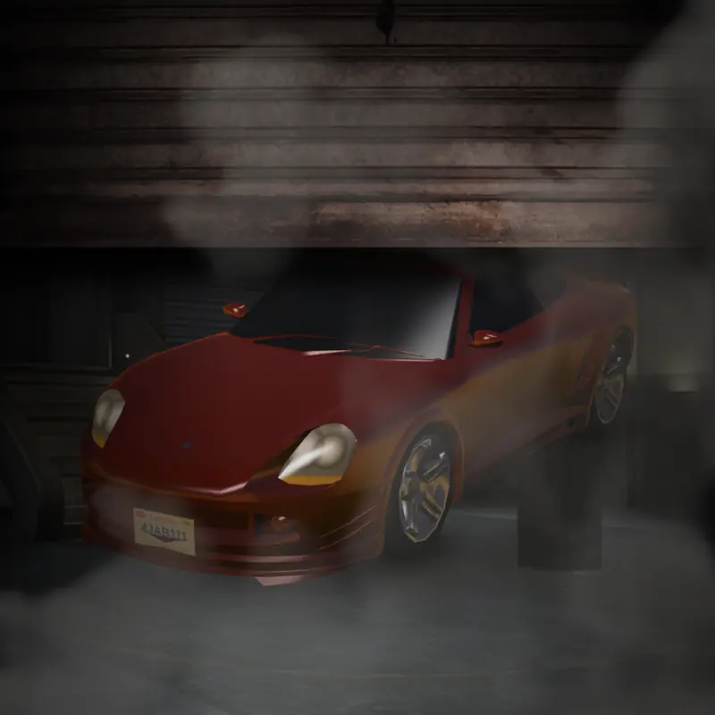 A car parked under the lights of a lock-up garage.